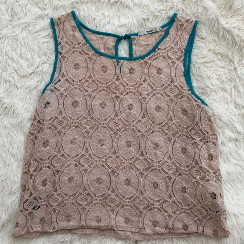 Papaya Cream and Teal Lace Tank Top